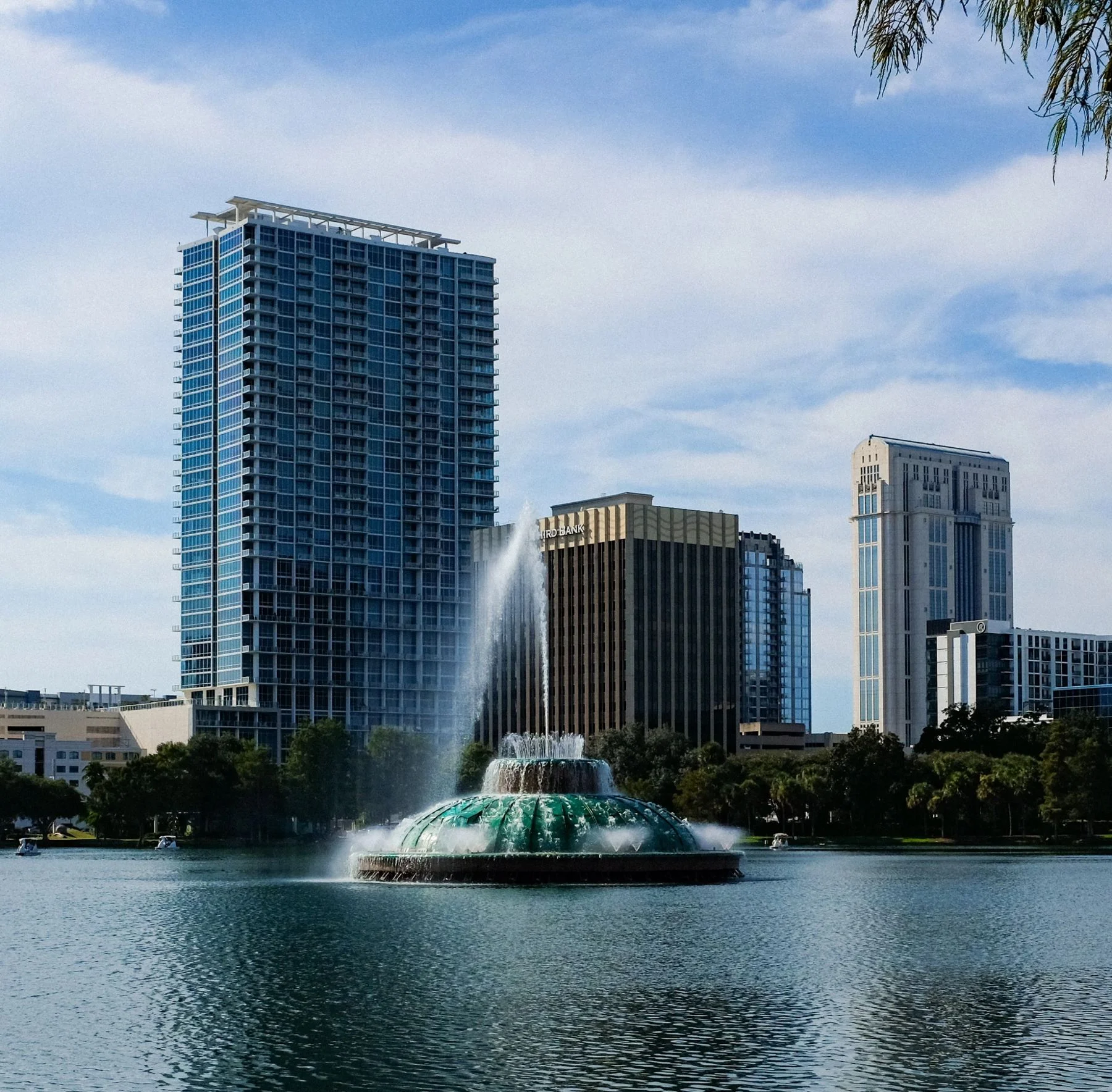 Lake Eola fountain and the downtown Orlando skyline